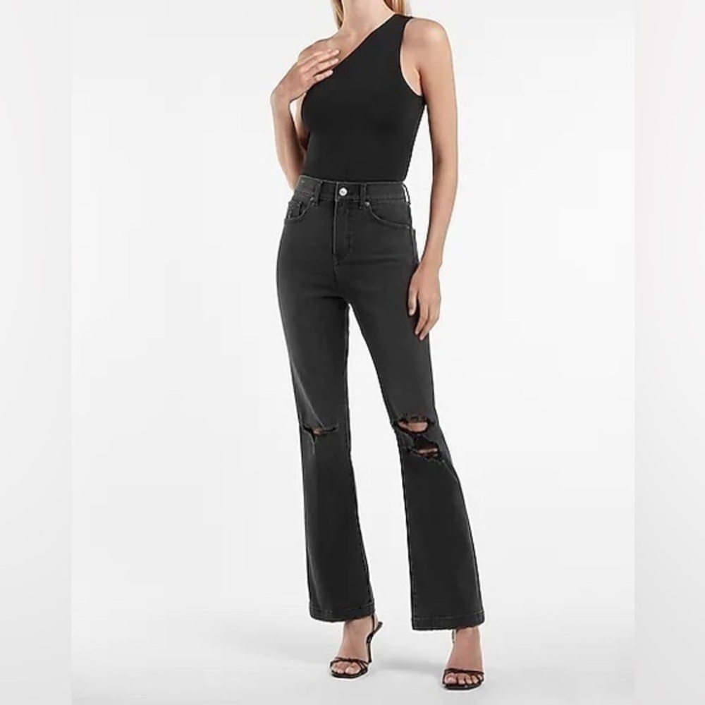 NWT Express High Waisted Washed Black Ripped 90s Bootcut Jeans 12S 12 Short
